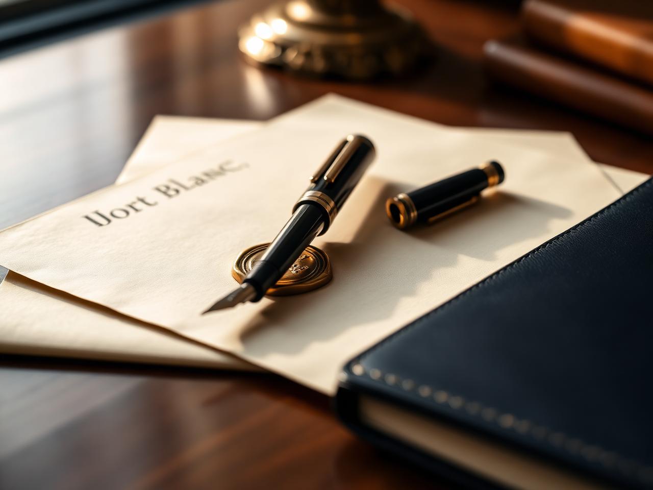 Mobile notary signing setup with fountain pen, embossed seal and leather portfolio